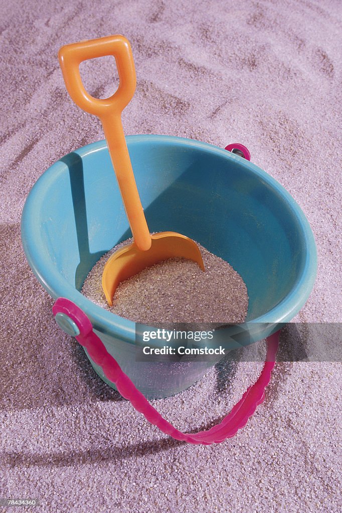 Toy pail and shovel in sand