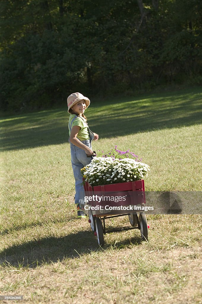 Girl pulling cart with flowers