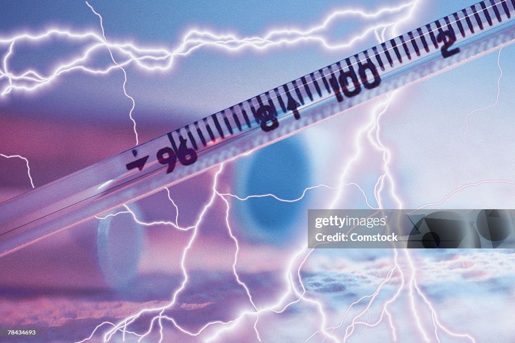 Composite of lightning bolts and thermometer