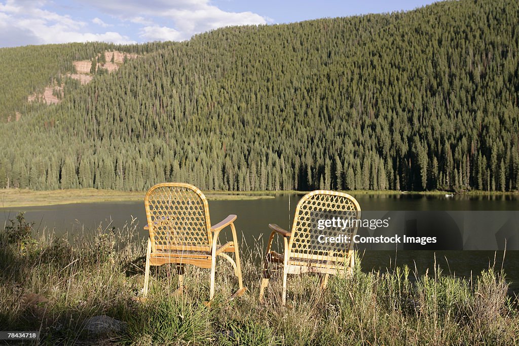 Chairs by lake