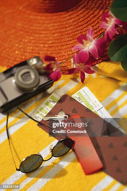 plane tickets and hotel key with camera and hat - hotel key stock pictures, royalty-free photos & images