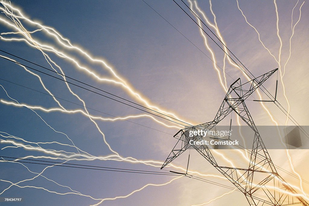 Composite of lightning bolts and electric power lines