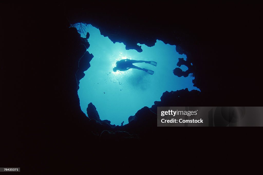 Diver silhouetted in cave , Puerto Rico