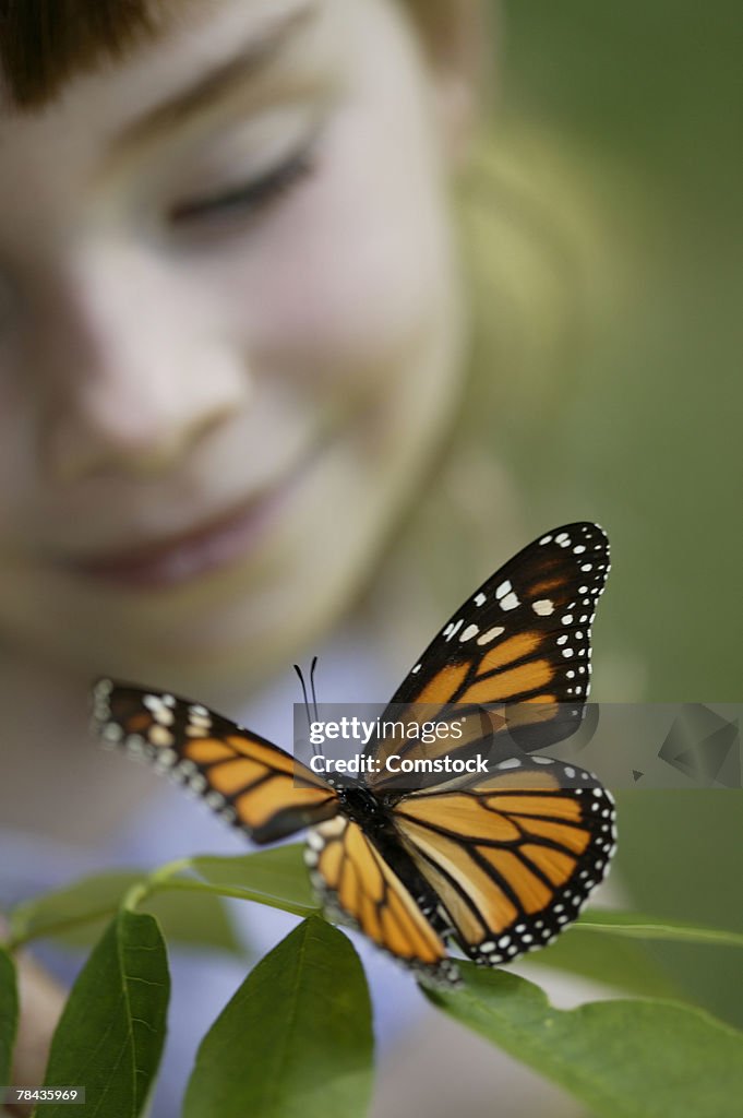 Girl looking at butterfly