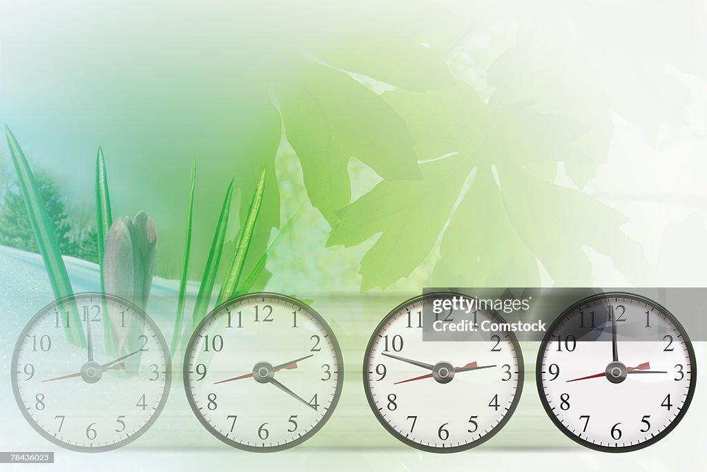 Clocks showing time differences with seasonal scenes