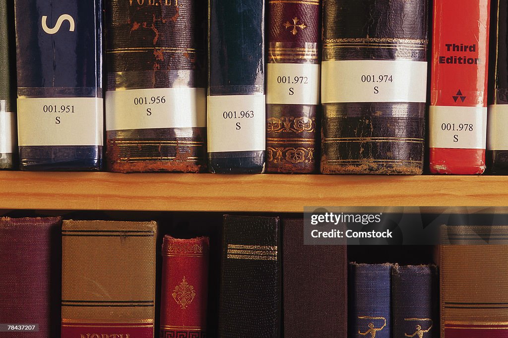 Close up of library books on shelf