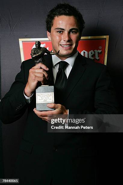 Zac Guildford with his award for NZRU Age Grade Player of the Year at the New Zealand Rugby Union awards held at Sky City Convention Centre December...