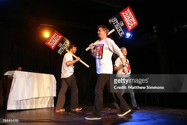 Actors Jamie Denbo, David Hornsby and Stephen Van Dorn perform in The Strike Show to benefit the Motion Picture and Television Fund at the Steve...