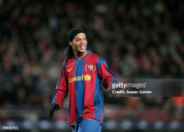Ronaldinho of Barcelona during the UEFA Champions League Group E match between Barcelona and Lyon at the Camp Nou stadium on December 12, 2007 in...