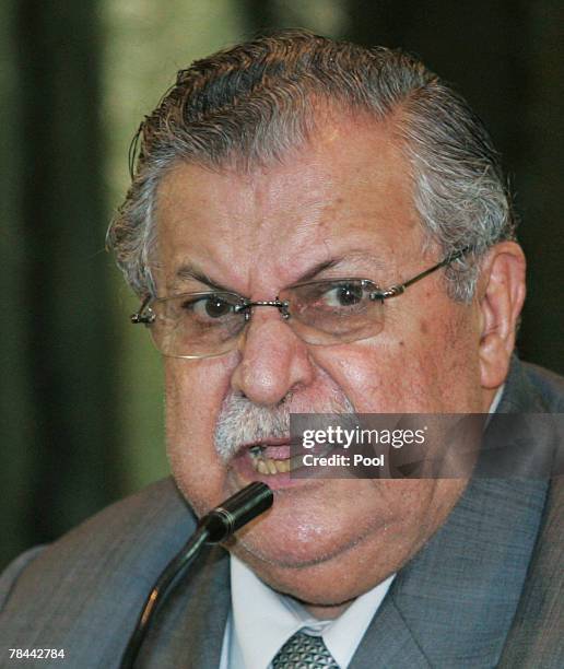 Iraqi President Jalal Talabani speaks speaks during a meeting with tribal members of the awakening council December 13, 2007 in Baghdad, Iraq.