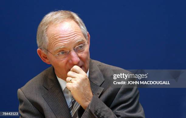 German Interior Minister Wolfgang Schaeuble speaks to AFP journalists during an exclusive interview at the agency's German headquarters in Berlin 12...