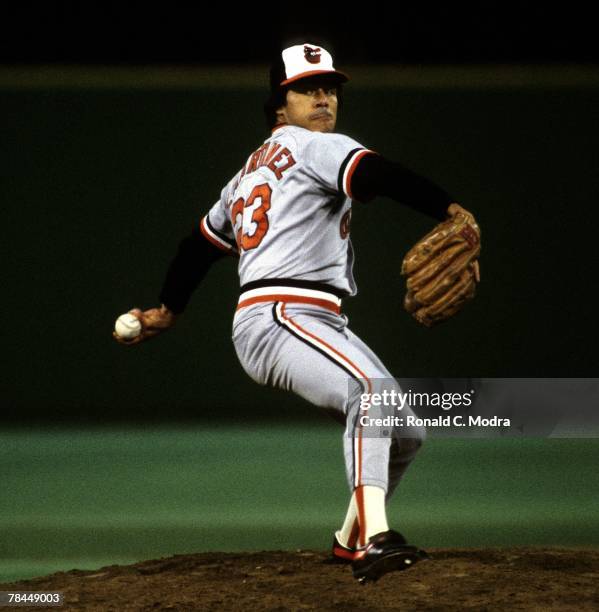 Tippy Martinez of the Baltimore Orioles pitching during Game 3 of the 1983 World Series against the Philadelphia Phillies on October 14, 1983 in...