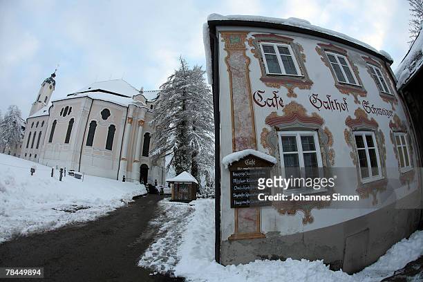 Snow covers the landscape around the UNESCO world heritage site of the baroque Wieskirche Church on December 13, 2007 in Wies, Germany. Snowfall...