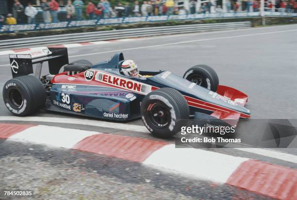 French racing driver Philippe Alliot drives the Larrousse Calmels Lola LC87 Cosworth V8 to finish in 8th place in the 1987 Belgian Grand Prix at...
