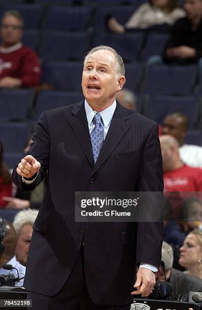 Head coach Jim Larranaga of the George Mason Patriots watches the game against the East Carolina Pirates in the BB&T Classic at Verizon Center on...