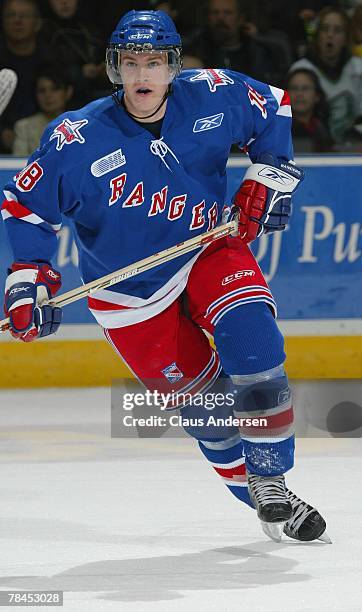 Matt Halischuk of the Kitchener Rangers skates in a game against the London Knights on December 9, 2007 at the John Labatt Centre in London Ontario....