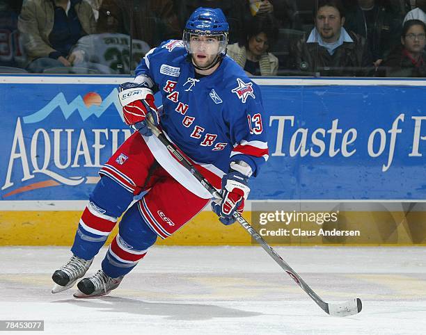 Scott Timmins of the Kitchener Rangers skates in a game against the London Knights on December 9, 2007 at the John Labatt Centre in London Ontario....