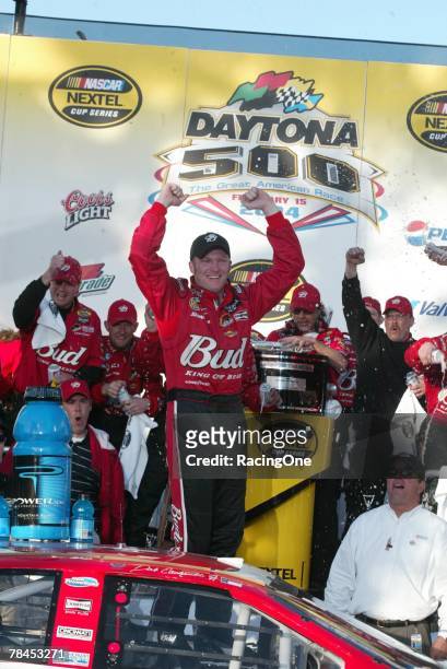 Dale Earnhardt, Jr., driver of the Budweiser Chevrolet, celebrates in victory lane following the NASCAR Nextel Cup Series Daytona 500 on February 15,...