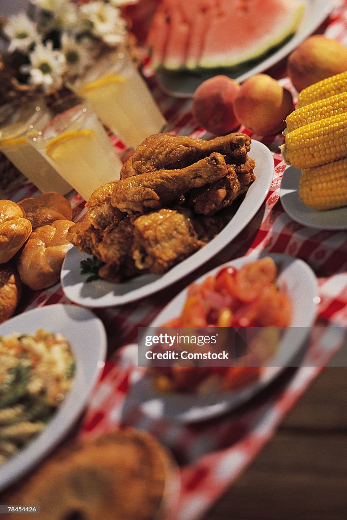 Fried chicken among picnic foods