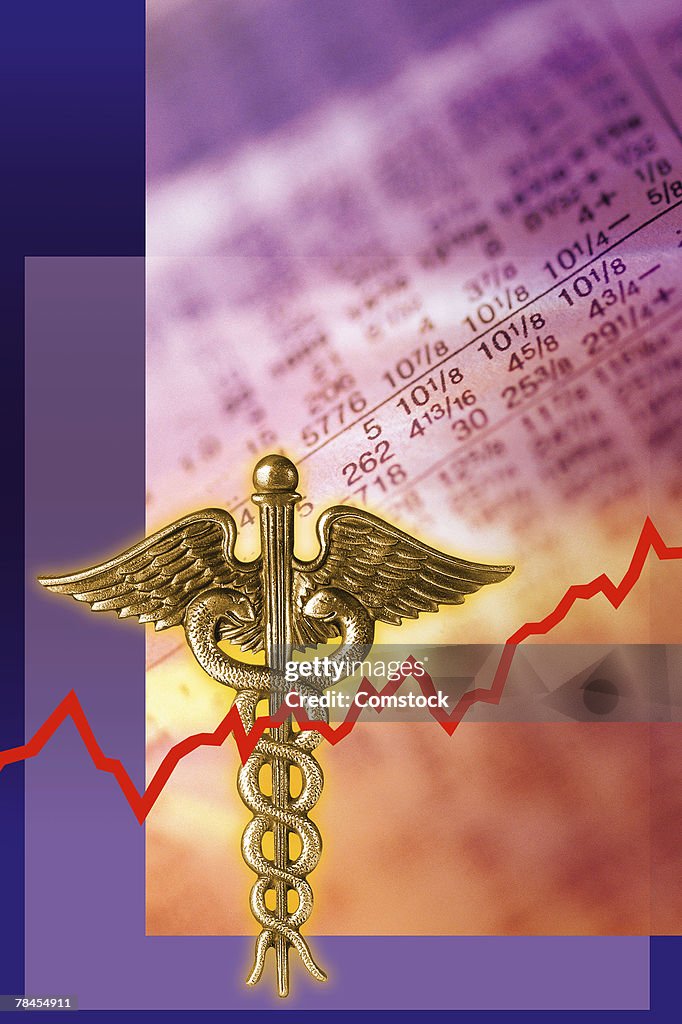 Medical caduceus with stock listings in background