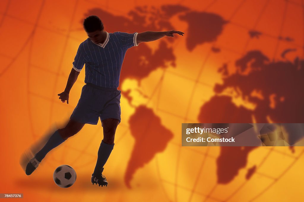 Soccer player with world map in background