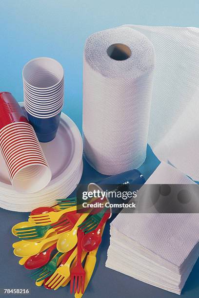 paper plates and other picnic supplies - papieren bord stockfoto's en -beelden