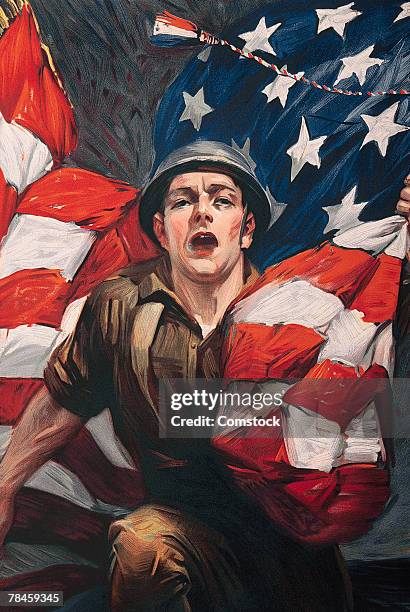 world war one poster of soldier and us flag - world war one stock pictures, royalty-free photos & images