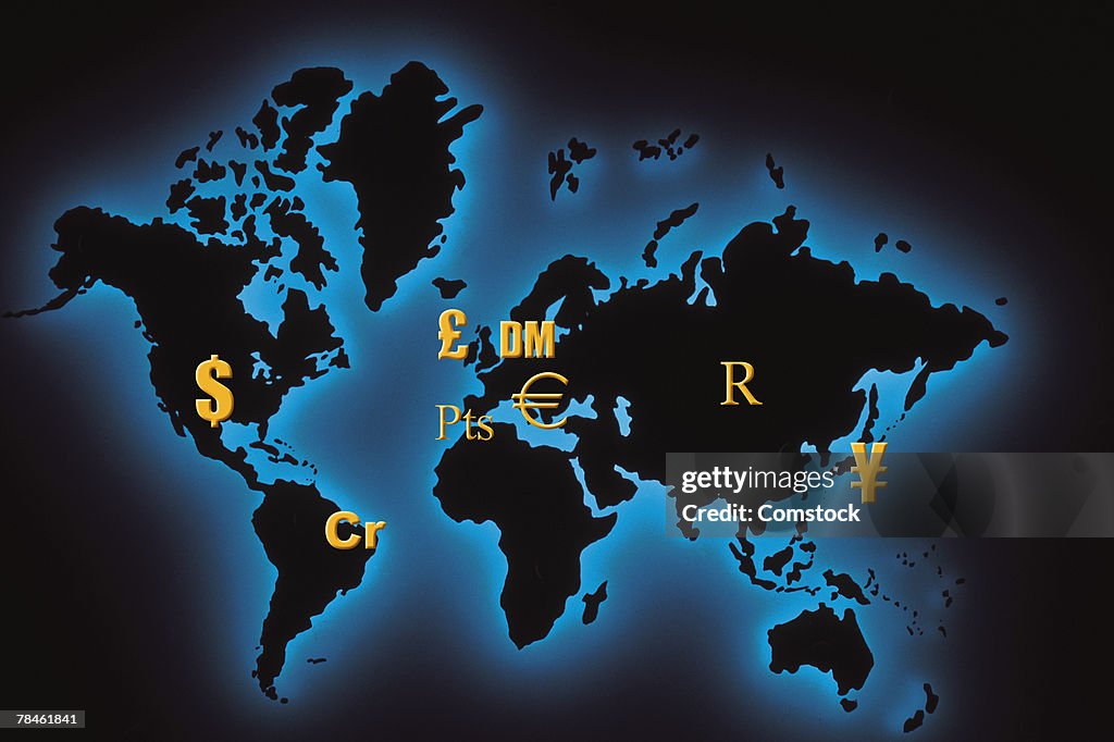 World Monetary Map Map Of World With International Currency Symbols High-Res Vector ...