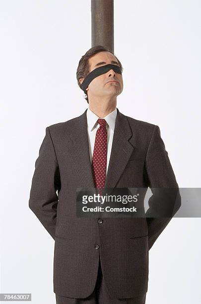 blindfolded businessman tied to pole - firing squad stock pictures, royalty-free photos & images