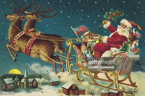 illustrazioni stock, clip art, cartoni animati e icone di tendenza di illustration of santa claus and reindeer with flying sleigh - babbo natale