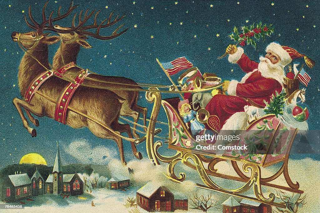 Illustration of Santa Claus and reindeer with flying sleigh