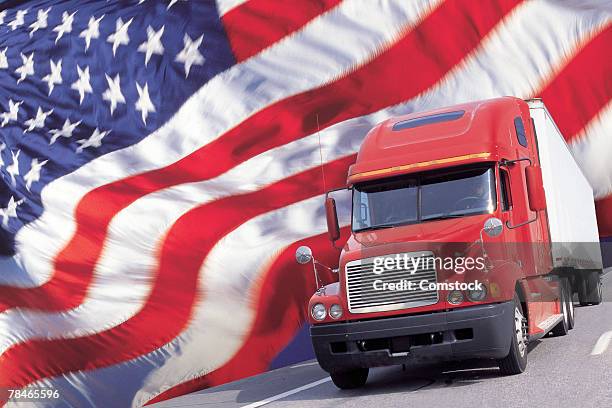 semi truck and the us flag - american flag clip art stock-fotos und bilder