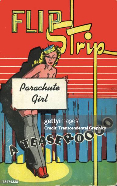 The cover of a novelty erotica flip book, here refered to as a 'Flip Strip,' titled 'Parachute Girl; a Teaseroooo,' which features an illustration of...
