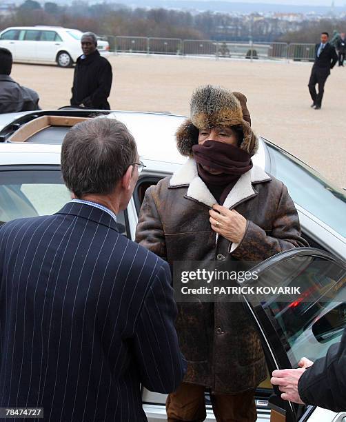 Libyan leader Moamer Kadhafi is welcomed by former culture minister Jean-Jacques Aillagon who heads the supervisory body of the 17th century chateau...