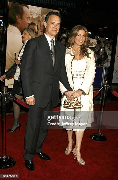 Actors Tom Hanks and Rita Wilson arrive at the Premiere of Universal Pictures "Charlie Wilson's War" at CityWalk Cinemas on December 9, 2007 in...