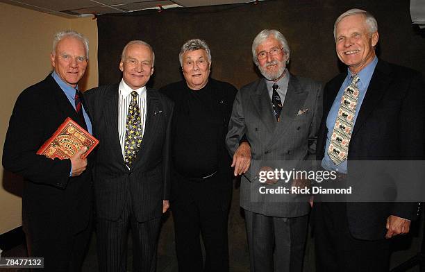 Actor Malcolm McDowell, Astronaunt Buzz Aldrin, Actor Tony Curtis, Jean-Michel Cousteau and Ted Turner backstage in The Green Room at The Jules Verne...