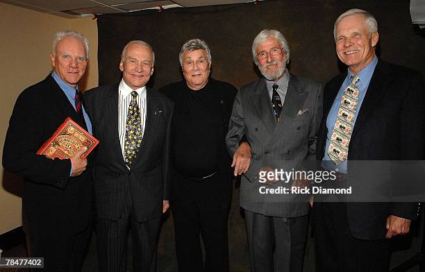 Actor Malcolm McDowell, Astronaunt Buzz Aldrin, Actor Tony Curtis, Jean-Michel Cousteau and Ted Turner backstage in The Green Room at The Jules Verne...
