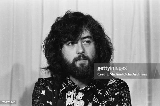 Guitarist Jimmy Page of the rock band "Led Zeppelin" holds court at a press conference before their show at the Forum on September 4, 1970 in Los...