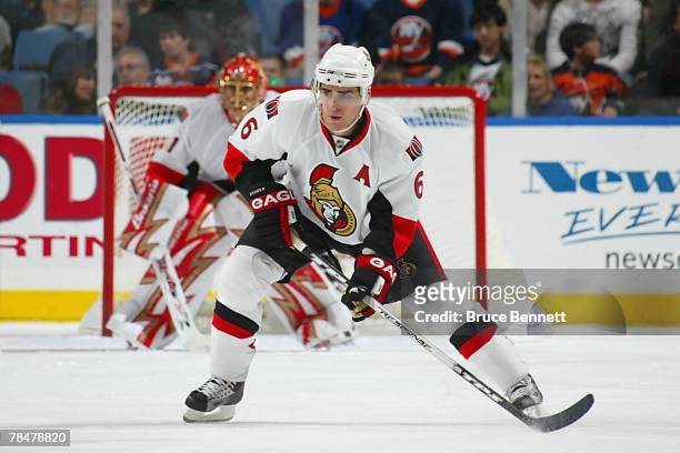 November 28: Wade Redden of the Ottawa Senators skates during the NHL game against the New York Islanders at the Nassau Coliseum on November 28, 2007...