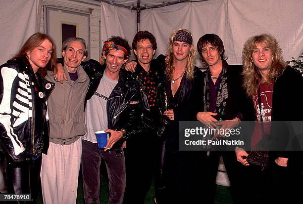 Axl Rose, Charlie Watts, Keith Richards, Mick Jagger, Duff McKagan, Izzy Stradlin and Steven Adler on the Rolling Stones' Steel Wheels Tour in 1989,...