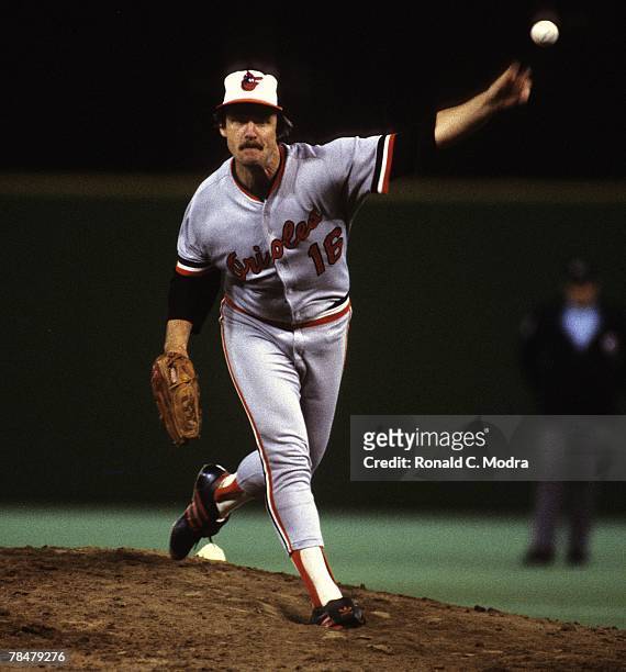 Scott McGregor of the Baltimore Orioles pitching during Game 5 of the 1983 World Series against the Philadelphia Phillies on October 16, 1983 in...