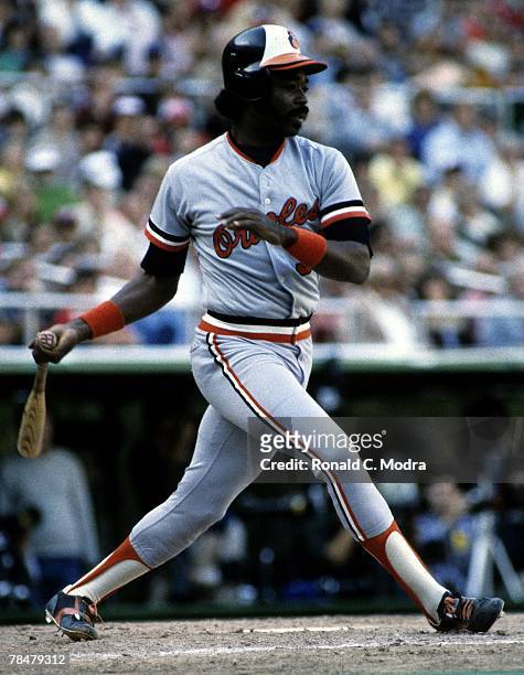 Eddie Murray of the Baltimore Orioles batting during Game 4 of the 1983 World Series against the Philadelphia Phillies on October 15, 1983 in...