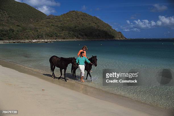 couple riding horses on beach - saint martin caribbean foto e immagini stock