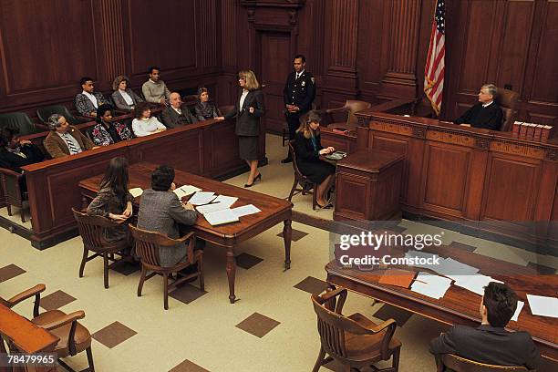 high angle view of courtroom - juror law foto e immagini stock