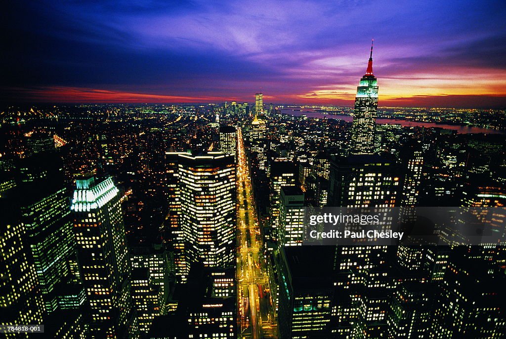 USA,New York City,Midtown and Lower Manhattan at dusk