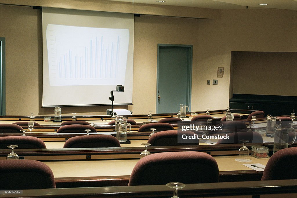 Empty seminar room with screen and overhead projector