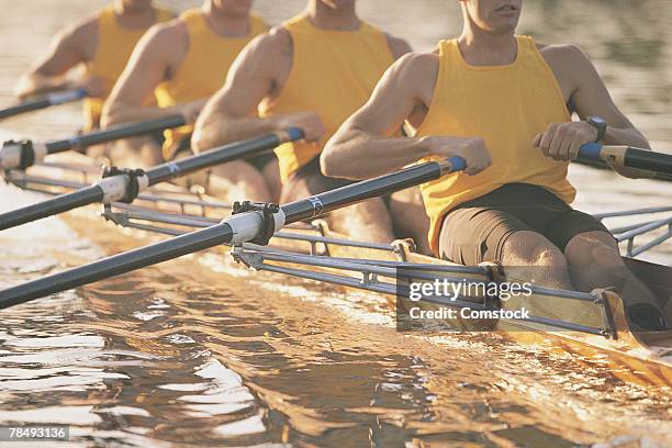 crew team rowing a scull - riemen stock-fotos und bilder