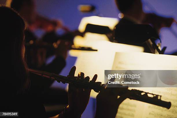 silhouettes of flautists in orchestra - orquestra sinfónica imagens e fotografias de stock