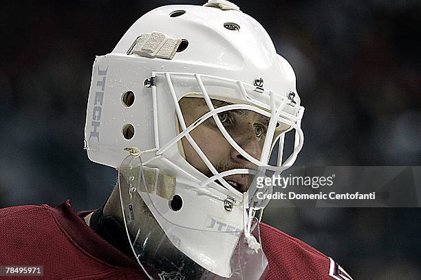 Ilya Bryzgalov of the Phoenix Coyotes looks on during the NHL game against the San Jose Sharks at the Jobing.com Arena on December 7, 2007 in...