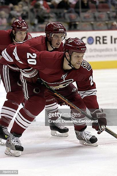 Fredrik Sjostrom of the Phoenix Coyotes looks on during the NHL game against the San Jose Sharks at the Jobing.com Arena on December 7, 2007 in...